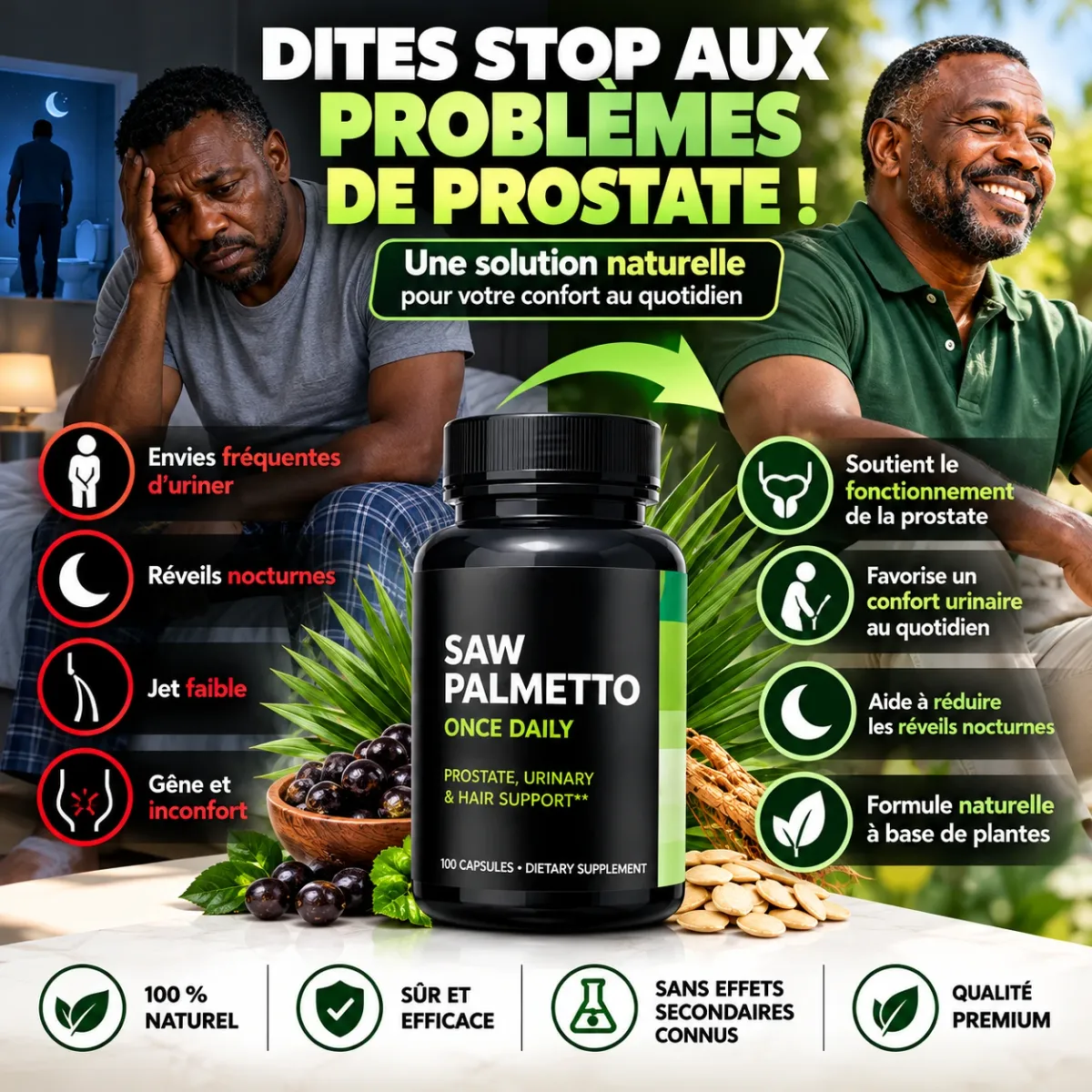Capsules de Palmier Nain Pour la Santé de la Prostate et L'amélioration du Fonctionnement des Voies Urinaires - 100 Capsules